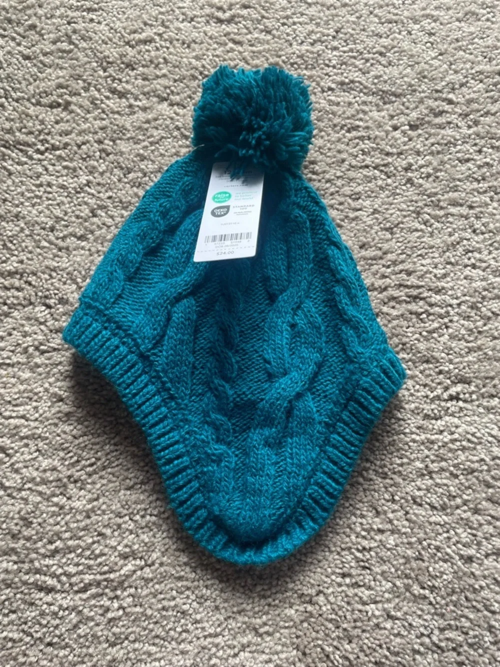 NWT Carters toddler Teal Cable Knit Pom Pom Beanie 12-24 months